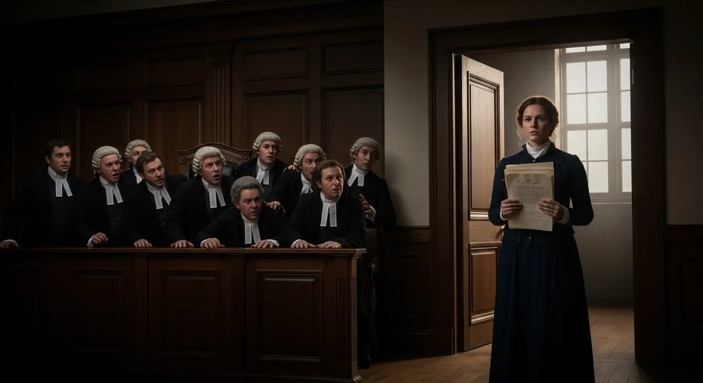 First Lady Lawyers of Every Nation – lone woman enters courtroom holding legal documents, facing resistance in 1800s legal setting