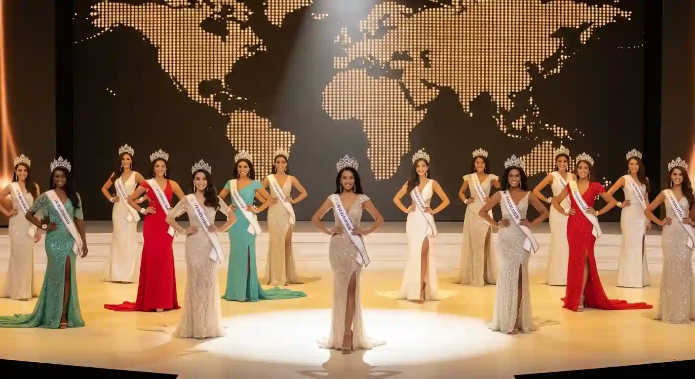 Miss World winner in every nation banner showing crowned women from different countries on a global stage