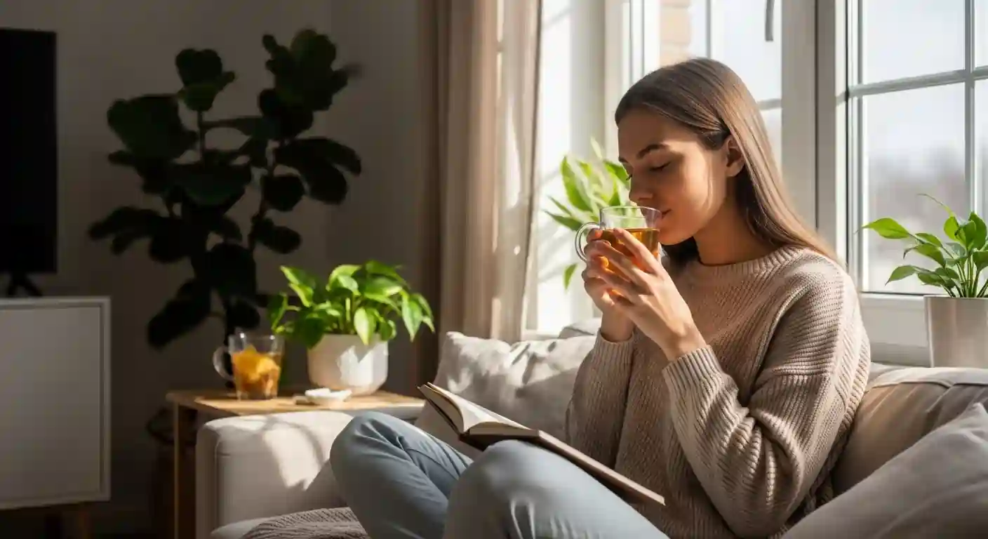 Self Care Routines daily lifestyle image showing healthy morning habits, relaxation, journaling, and peaceful home environment