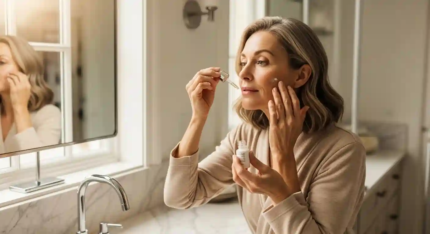 Skin Care For Womens Over 40s routine showing mature glowing skin, anti aging skincare steps, and daily beauty habits