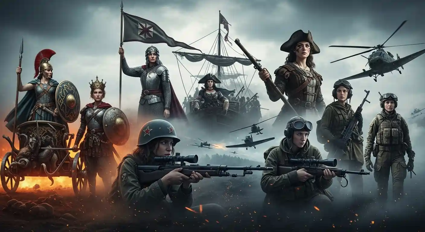 Top 10 Military Women banner showing legendary female warriors from ancient to modern battlefields in a powerful cinematic scene