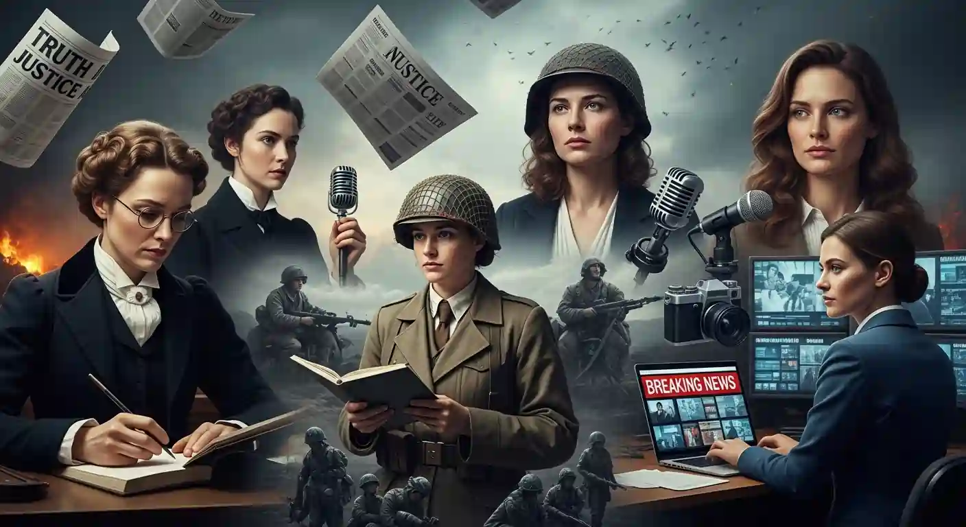 Top Female Journalists of All Time hero image showing powerful women reporters from history and modern times representing investigative journalism, war reporting, and media leadership