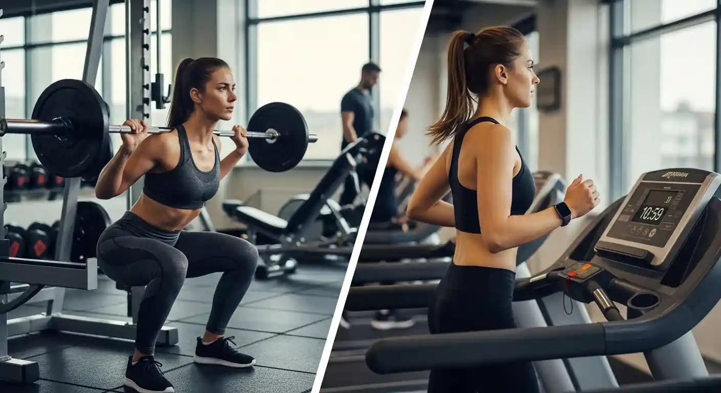 gym routine for women showing strength training and cardio exercises