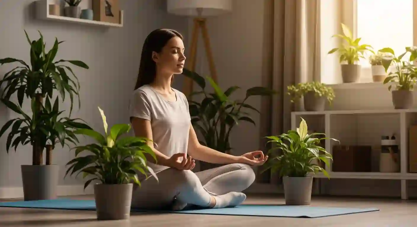 Woman practicing meditation for stress management for women on a yoga mat in a cozy morning room