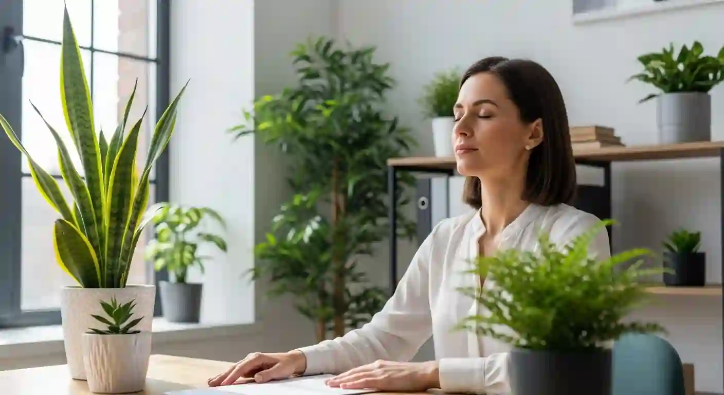 Employee practicing stress management strategies at work through meditation at office desk