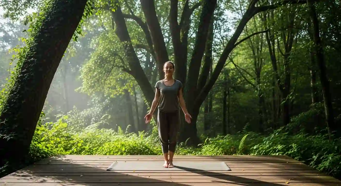 Woman practicing yoga poses in Mountain Pose (Tadasana) on a wooden deck surrounded by green forest at sunrise
